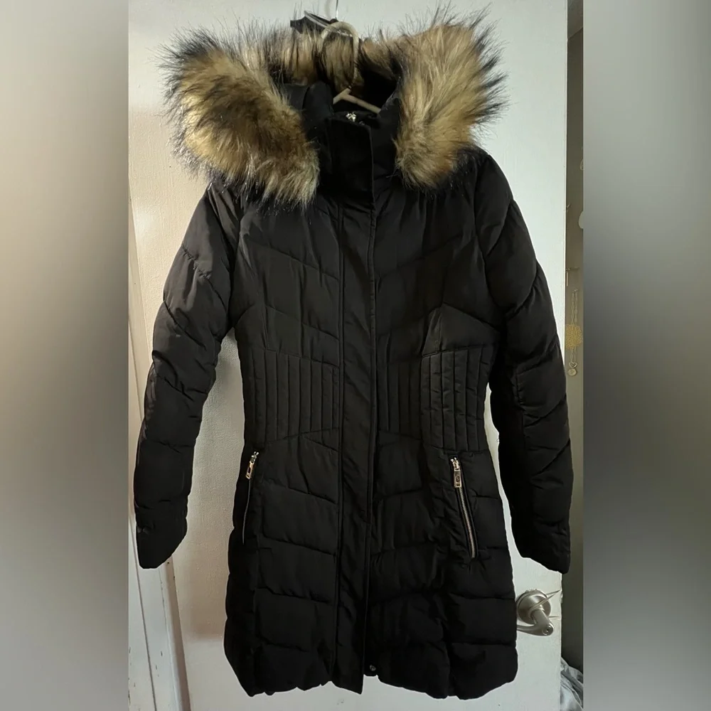 coat Ivanka Trump Black Puffer Coat Faux Fur Hood Long Quilted Jacket XS - Picture 2 of 8